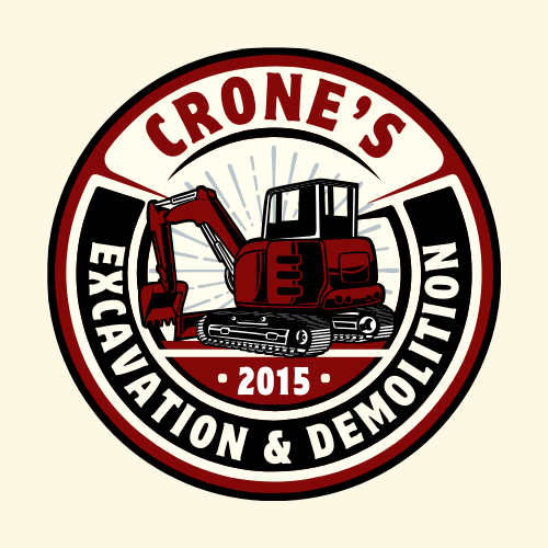 A red and black logo with a bulldozer on it