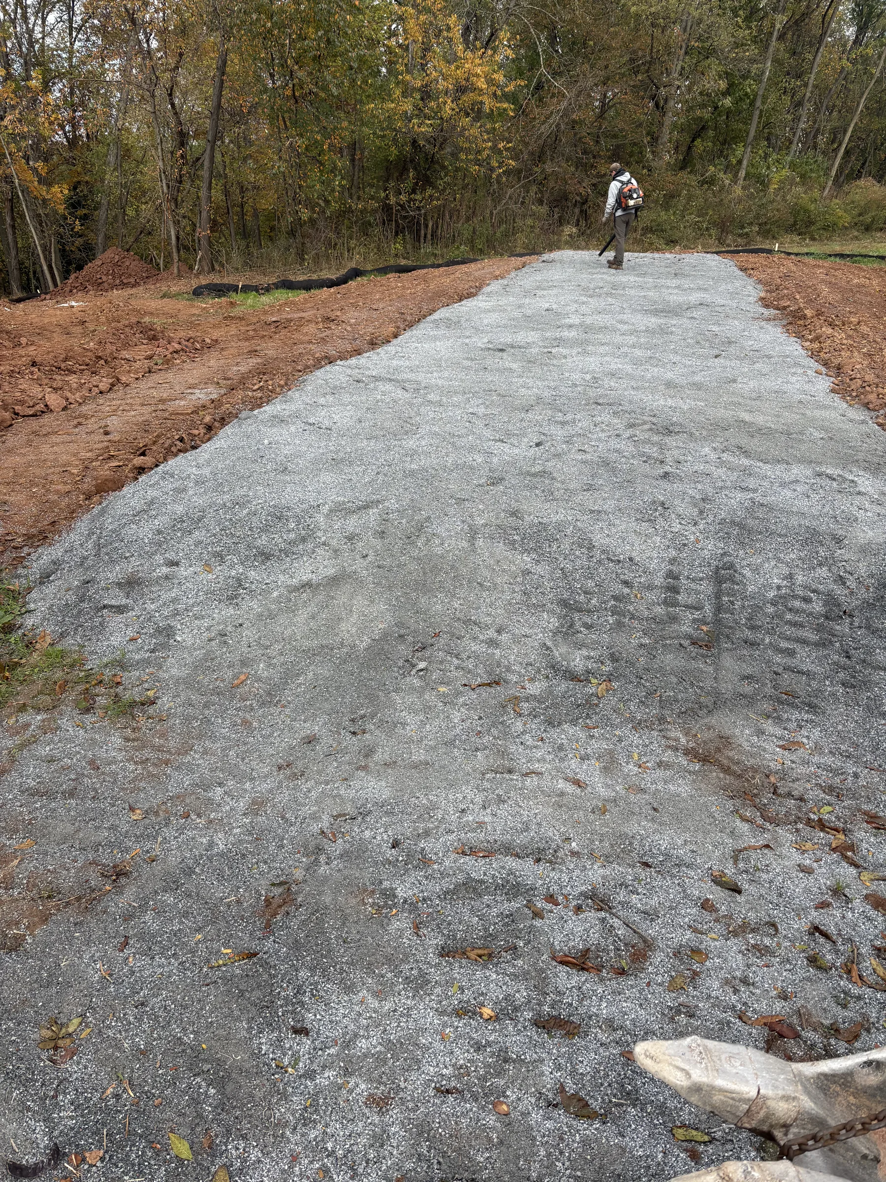 Freshly installed light gray gravel driveway at a wooded residential property